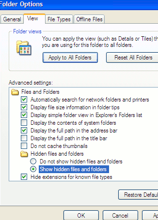 Folder options dialog box in windows xp