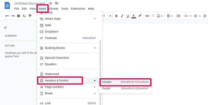 Insert header in Google Docs