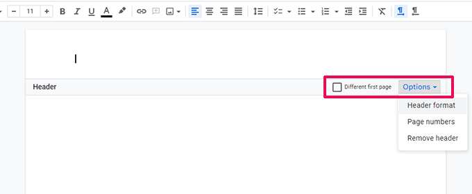 Header options in Google Docs