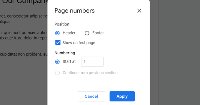 page number options in Google Docs