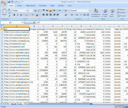 Screenshot: Search Results in Excel Sheet 