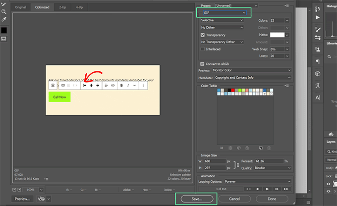 Export animated GIF in Adobe Photoshop